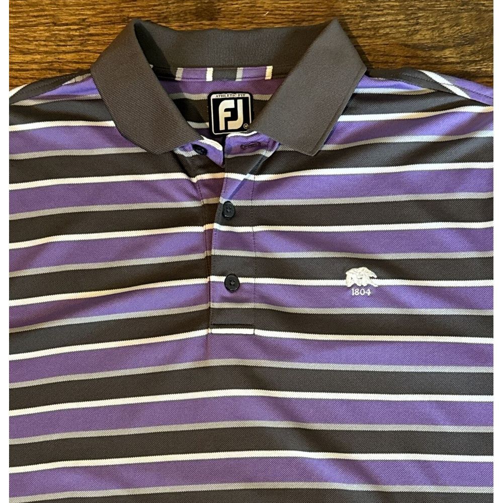 FootJoy Golf Shirt Mens Med Rancho San Marcos logo Purple Brown Stripes - Picture 2 of 11
